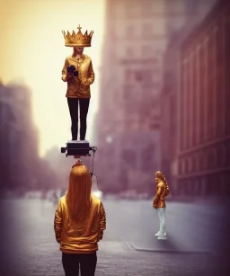 Statue of Queen of photography. Cute blonde woman. Photographer in golden crown. Standing on the street. Big camera in her hand. hyperdetailed, photorealistic, trending on artstation, greg rutkowski, beksinski, kodachrome, lomography, golden hour, bokeh, volumetric light