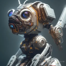 a beautiful full frame portrait digital painting of futuristic dogpunk robot, wide angle view, close-up, macro lens, centered camera, titanium accents, intricate details, small minutiae, tiny features, particulars, colorful, 8k, least ambient occlusion, volumetric lighting, volumetric clouds