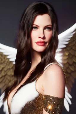 Liv Tyler has angel wings. She has beautiful eyes. Her hair flies in the air., closed eyes, rtx, reflection, 8k, glow, winning photography, caustics