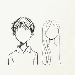 minimal continuous one-line portrait of a boy with black hair, and no face and a girl with long hair parted in the middle and no face, expressive and abstract, pen on textured paper