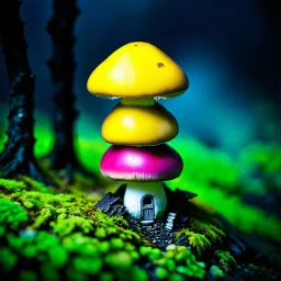 "Close up of a wonderful tiny Mushroom Tower home. Yellow and Magenta with bright white, deep black and contrasting tones of gray. Illuminated bioluminescent forest. Professional painter, master at composition. small but detailed. broken, blurred background, voluminous lighting"