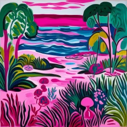 Magenta psychic wetlands near a beach designed in ancient Greek pottery painted by Henri Matisse