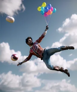 Ultra realistic speed clouds sky scene, wide angle view, strong men falling down with many Childs, circus clothing style, feather color clothing, free jumping flying, many trinkets, hair monster, many jelly beans, balls, color smoke, smile, happy, extreme, wind, clouds sea, 20,000 feet altitude, stratosphere, soft color, highly detailed, unreal engine 5, ray tracing, RTX, lumen lighting, ultra detail, volumetric lighting, 3d, finely drawn, high definition, high resolution.