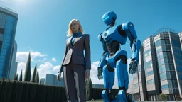 A full-body photograph of a young, slender, blond woman in a blue one-piece suit, standing in front of futuristic buildings. A robot standing beside her. Bright, sunny day.