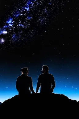 black background on a mountaintop with two silhouettes of a fit man and a silhouette of a fit woman sitting close to each other looking at the stars