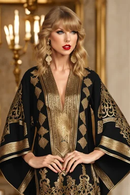 Taylor swift wearing islamic culture black Moroccan caftan 4k golden patterns high qualité