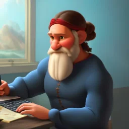 leonardo da vinci works in his study on a laptop at his desk. painting in photoshop. hyperdetailed, warm colors, movie poster, photoillustration, oil on canvas, lens flare
