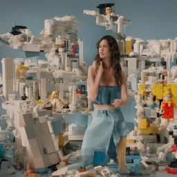 realistic photoshooting for a new balenciaga lookbook, color film photography, portrait of a beautiful woman, set design made of lego blocks, in style of wes anderson, ultra high resolution, 8k