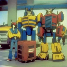 Optimus prime, bumblebee and ratchet at the airport, 1990 sitcom style tv show.