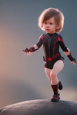 Black widow toddler, serious, portal, full body, jump, bokeh, hyper realistic