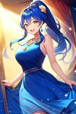 girl, masterpiece, best quality, cinematic lighting, detailed outfit, perfect eyes, blue hair, golden eyes, long hair, ponytail, laughing, spotlight, hair flower, blue dress, sparkle, necklace, earrings, indoors,