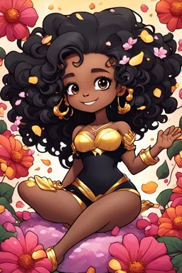 A sassy thick-lined comic book art cartoon black chibi girl lounging lazily on her side, surrounded by flower petals. She has a golden lion tail curling playfully behind her curvy body. Looking up coyly, she grins widely, showing sharp lion teeth. Her poofy hair forms a mane framing her confident, regal expression.