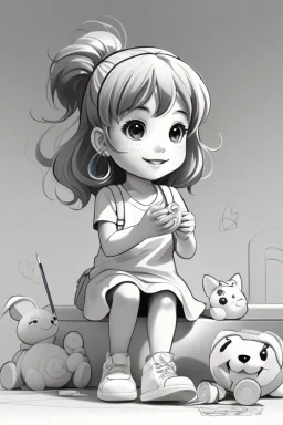 A round-faced little girl happily holding a bunch of colorful balloons ,very happy , Colloring page for todlliers ; basic hawali style cartoon , black and white , ink outlines , , smooth , anime style , minimalist , cute eyes , full body , white shose , sketchbook , realistic sketch , free lines , on paper , character sheet , clean line art high detailed