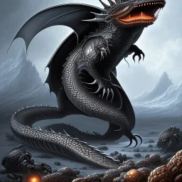 mdjrny-v4 style, highly detailed illustration of a black obsidian dragon, spread wings, black obsidian dragon feet on lava rock, dark sky background, realistic, intricate details, d&d, by artist "Even Mehl Amundsen", full body