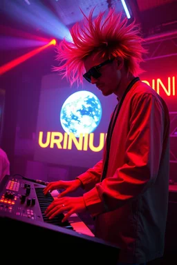 French cool synth player with crazy techno acid hair, he is called "Jean-Maurice Brûlée" performing at dance club, his name is "Jean-Maurice Brûlée" , white and orange Neon lights and oraNGE smog, and "URINIUM" big sign on the wall, he is playing on synthesizers on stage with lot of laser beams and wearing black sunglasses, an earth is projected in background