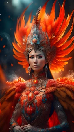 half body wide angle RAW photo, fire queen queen wearing luxurious and ornate clothing, fully covered, opals and floral embellishments, fractal wing texture, winter landscape in the background, beautiful women indonesia face, high detailed skin, phoenix, fire, 8k uhd, dslr, soft lighting, high quality, film grain