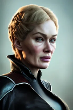 Cersei Lannister as evil queen in black leather coat, busty, cleavage, voluptuous, lena headay, angry, stern look. character design by cory loftis, fenghua zhong, ryohei hase, ismail inceoglu and ruan jia. unreal engine 5, artistic lighting, highly detailed, photorealistic, fantasy