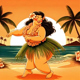Create a whimsical illustration of a curvy Hawaiian woman doing the hula dance on a beach with palm trees in the background, give her a flower lei, a grass skirt, and make it look like a vintage postcard, setting at dusk, 80k