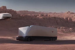 A Tesla 'Semi' (semi truck) is going at a high speed, in Mos Eisley on the planet Tatooine. (CINEMATIC, WIDE ANGLE LENS, PHOTO REAL)