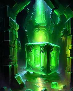 gelatinous cube in vast iron dungeon corridor lit with green torches rpg art painterly