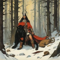 [art by Norman Rockwell] THE DEATH DEALER: tribeless barbarian in a large forest that, after the end of the Ice Age, will one day become the Mediterranean sea. When the Mongol-esque Kitzaak Horde invade the forest, various parties try to recruit Gath's aid to defend against them. One of them, the beautiful sorceress Cobra, gives Gath a helmet possessed by the god of death. The helmet gives him godlike power but at the same time tries to break Gath to its will. With the help of the worldly travel