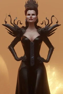 Geena Davis as evil queen in black leather gown, evil, busty, cleavage, curvy, angry, stern look. character design by cory loftis, fenghua zhong, ryohei hase, ismail inceoglu and ruan jia. unreal engine 5, artistic lighting, highly detailed, photorealistic, fantasy