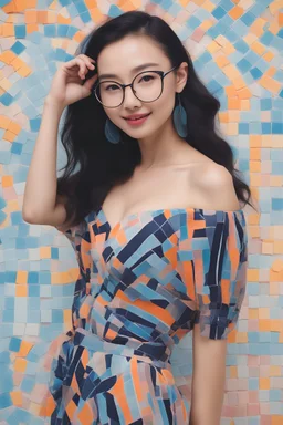 full body, head to toe - multicolored, neon lit, tiled floor - cat-eye framed eyeglasses - sky blue and navy blue gradated background -- multicolored, neon lit, tiled floor -- it's the 1950s - smiling 18-year-old Samantha Shinzu, big boobs, long, black hair, ponytail, blue eyes, short pleated plaid wool skirt, cotton blouse, a wool sweater, oxford shoes, and a neck scarf, professional quality studio 8x10 UHD Digital photograph, multicolored spotlight, Photorealistic, realistic stock photo,