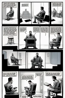 a page divided into 6 rectangular panels, each with different views of a man strapped to a chair and being interrogated, lower and higher perspectives, front and back, overhead light, suspenseful torture graphic novel, comic book