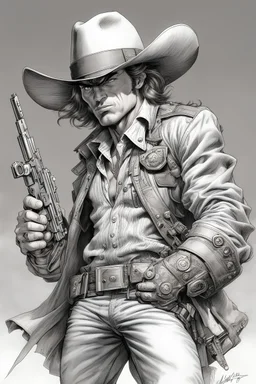 Cowboy with two guns by Arthur Adams, Joe Madureira, Brian Bolland, highly detailed, pencil sketch, ultra realistic, dynamic pose, hight quality inking art