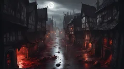 Medieval town. Night time darkness. Perspective from a window looking down into the street. White Orcs plundering the city. Tall slender white orcs. Killing and abducting humans. Covered in blood. puddles of blood in the streets. Brutal scenery, menacing, threatening. Realistic fantasy style, high detail, high LOD.