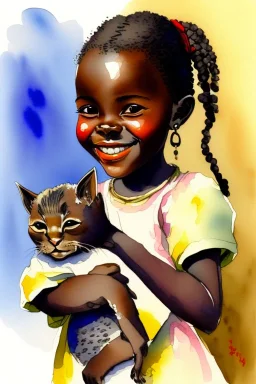 A cute smiling african girl is holding a kitten. Watercolour