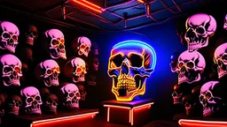 hundreds of non-anatomically correct, dark comic art, graphic novel,human skulls stacked into a wall unusual neon lighting, high velocity, 64k, dystopian, vray,