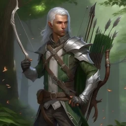 Please create an image for a young elven male with light brown skin, silver hair, and green eyes. He is standing outside in the forest during springtime, wearing leather armor and wielding a large crossbow. He is accompanied by a small mechanical bird and a walking suit of armor