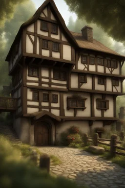 large medieval wooden inn, with a balcony, and a cobbled road going through the middle, in a wood, photo-realistic