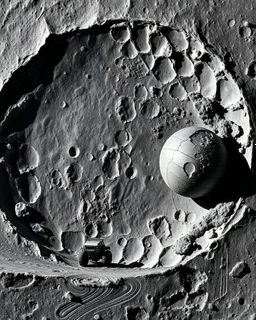 High-altitude lunar reconnaissance satellite image of a young impact crater with larger regolith along right ride. A damaged metallic alien sphere with fracture lines like an egg. organic growth across regolith and up crater walls. Along the lower frame edge a small modern bare-bones lunar-vehicle sits near the rim with visible wheel tracks. comic pencils