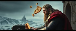 Movie poster portrait. The mighty God Thor sees the toaster spit out one slice in his face. The bread is jumping over his head. In the style of Rembrandt and "Gods of Fallout 4". He is sitting on the balcony of his castle, with a great view over the frozen valley. He is trying to grab the bread quickly. "Fali' ja." Dark edge border with runes and dragons.
