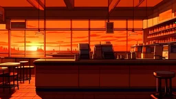 A Coffee shop Anime no people and a view from the front of the counter, the counter is really big in the image, and the windows have an orange sky