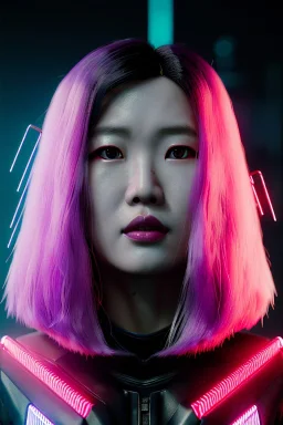 Blade runner portrait, Asian cyber woman:: symmetry photography, cyberpunk, pink hair, makeup, long line eye, light iris, :: latex coat :: cinematic, Ultra realistic, dark scene, soft color, highly detailed, unreal engine 5, RTX, ultra detail, 3d, finely drawn, high definition.