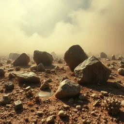 A striking quality photograph captures a wasteland with odd stones, liquids, reptile, spooky, creepy, details of the dust very accentuated, glossy, organic, adorned with minerals and rocks, fog. Bathed in intense light, eerie, Max Ernst style, black sun, fog