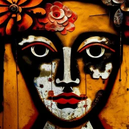 an abstract painting of rusted metal and flowers, Geisha portrait, rust, scaffolding, iron cladding, decay, mixed media, textured, anatomically correct, beautiful perfect face, sharp focus, highly detailed by Simone Martini 8k