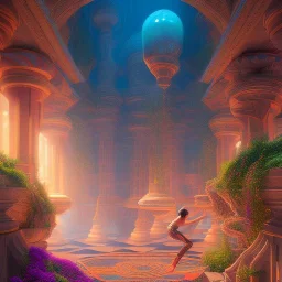 yoga artist, maze background , levitated lab equipment, 4k, Highly Detailed, Masterpiece, perfect eyes, Digital Illustration, Cinematic Lighting, Realistic, Sharp Focus, Centered, Beautifully Lit, Bioluminescent by Stanley Artgerm Lau