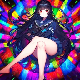 Clear focus, High resolution, long black fluffy hair, red eyes, chopped bangs, wearing a sailor uniform, wearing a sailor skirt, colorful, hollywood, female, human, mortal, thin legs, no outlines