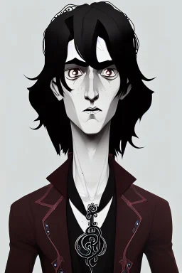 black haired young man necromancer wizard with gothic jewelry and tentacle fingers in the style of Aubrey Beardsley