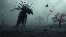 close in center weird crepy bird-man creature around different small dark crepy birds and far away surreal thriller vibe trees in alternative surreal barren, dry, gloomy world, nightmare in abyss, deep vortex, black, gray, purple, brown, silver, dark red colors, surreal, weird dark fantasy, deep dark colors, sharp lines, crepy stunning, high detalied, weird, fog, shadows, realistic, surreal, highly detailed, melancholic thriller mood