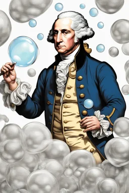 "Create an imaginative scene depicting George Washington with a bubble-like face on the verge of popping, surrounded by an air of suspense and anticipation."