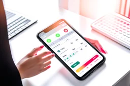The photo depicts a person using a smart app on their smartphone to organize their tasks and appointments in an organized and efficient manner. The modern photography shows the attractive design of the app that helps the user manage their daily life and achieve their goals. The photo points to the importance of leveraging technology and smart tools in personal organization and facilitating one's life.