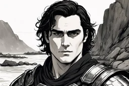 A portrait of Joaquin Phoenix in his early 30s, long beachy haircut, black hair, on a rocky island, in ebony armor from Skyrim, melancholic and dangerous facial expression, half-smiling, drawn in the style of ink manga sketch