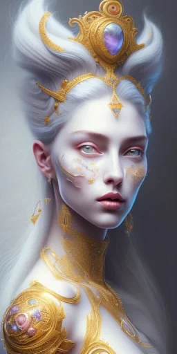 ultradetailed beautiful portrait painting of love Aphordite with short flowing grey-white hair and sharp piercing gaze of blue eyes, alluring beauty, wearing jewels, roses, ultra ornate, gold leaf deatils, wearing white smooth dress, by conrad roset, greg rutkowski and artgerm, trending on artstation