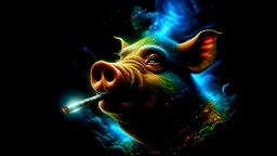colorful nebula style intricate metallic prisms in space. porky pig smoking a cigar, realism