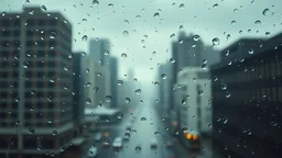 "A rainy day cityscape seen through a window covered in raindrops. The background is blurred, giving a soft focus effect to the tall buildings and streets, while the raindrops on the glass are in sharp focus, creating a tranquil and atmospheric scene. The overall color palette is cool and muted, with shades of blue and green dominating, evoking a peaceful, introspective mood. Perfect for use in digital art, backgrounds, or any project requiring a calming, rainy day aesthetic."